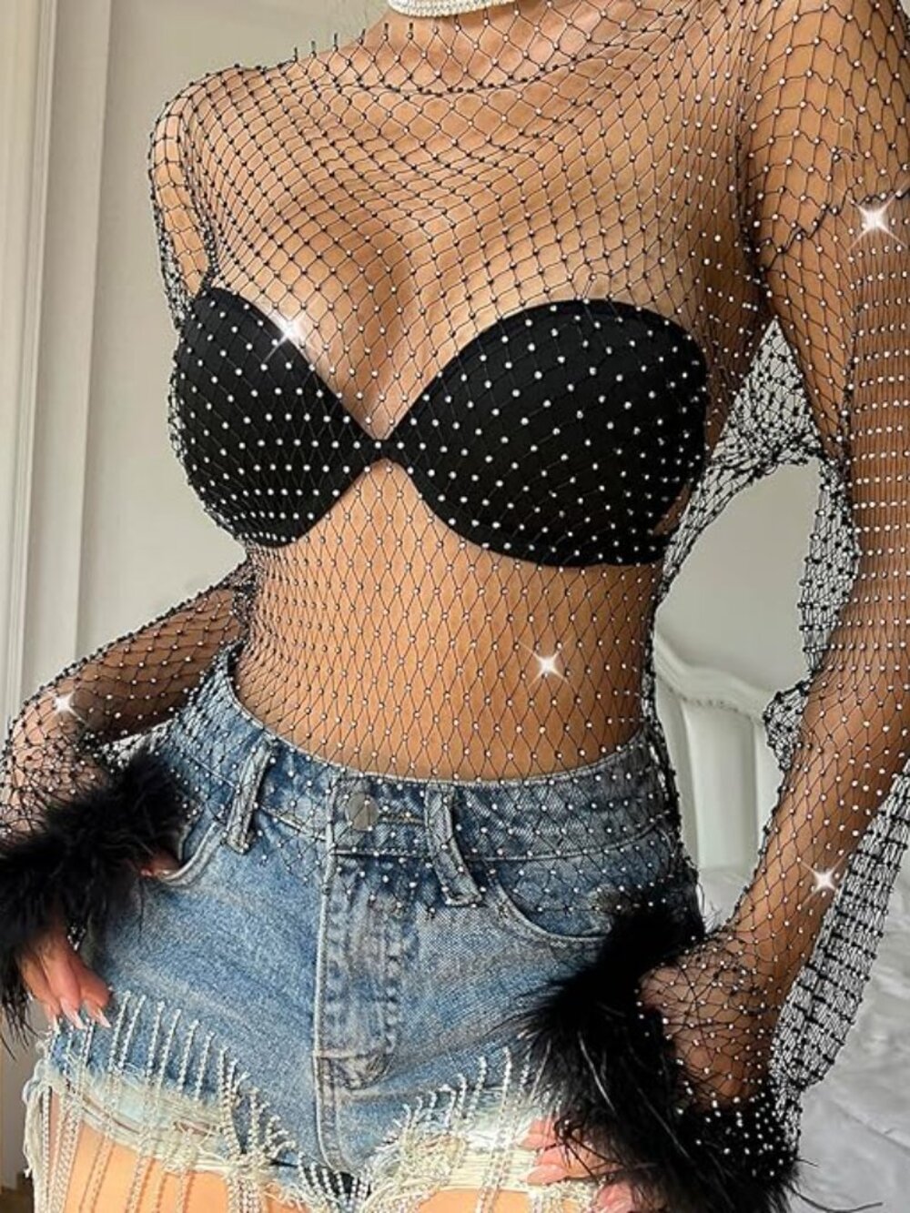 Crop Top Mesh Long Sleeve Cami Shirt